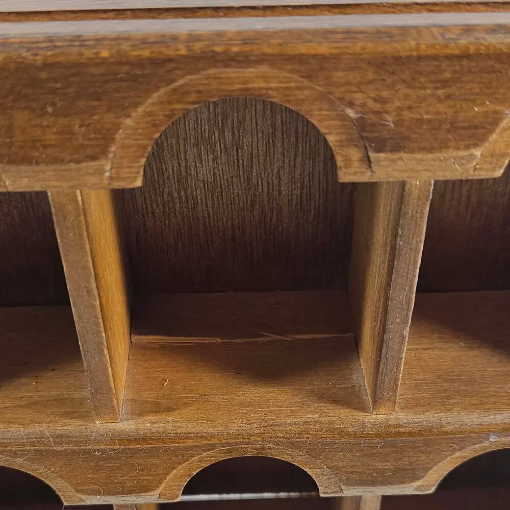 Vintage wood wooden curio shadow box arched cubbies trinket shelf